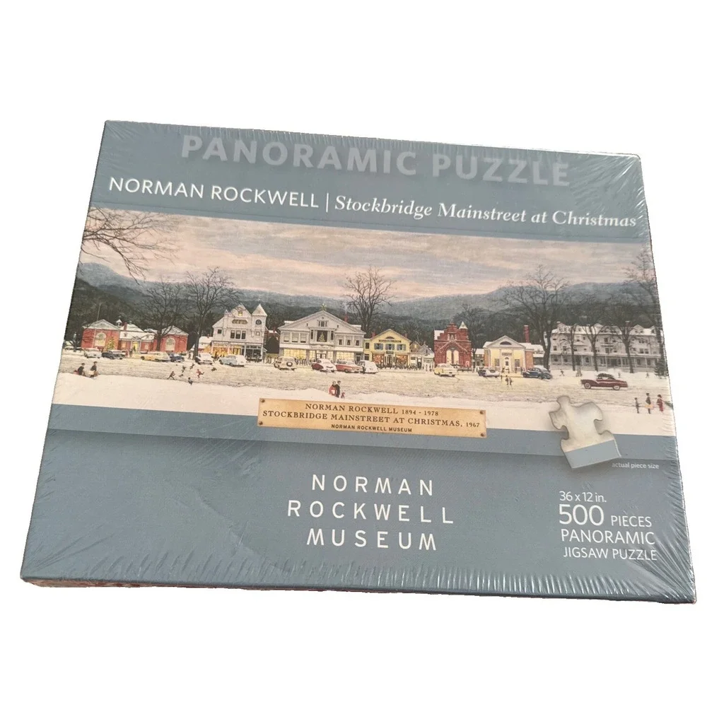 Norman Rockwell Stockbridge Mainstreet at Christmas 500 Panoramic Puzzle NEW